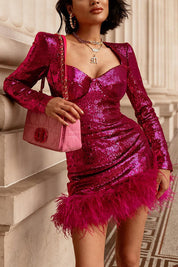 Willa | Feestjurk Dames - Pailletten en Veren, Elegante Lange Mouwen 6