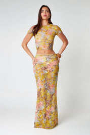 Joya | Kanten Set met Bloemenprint - Maxi Rok met Cropped Top