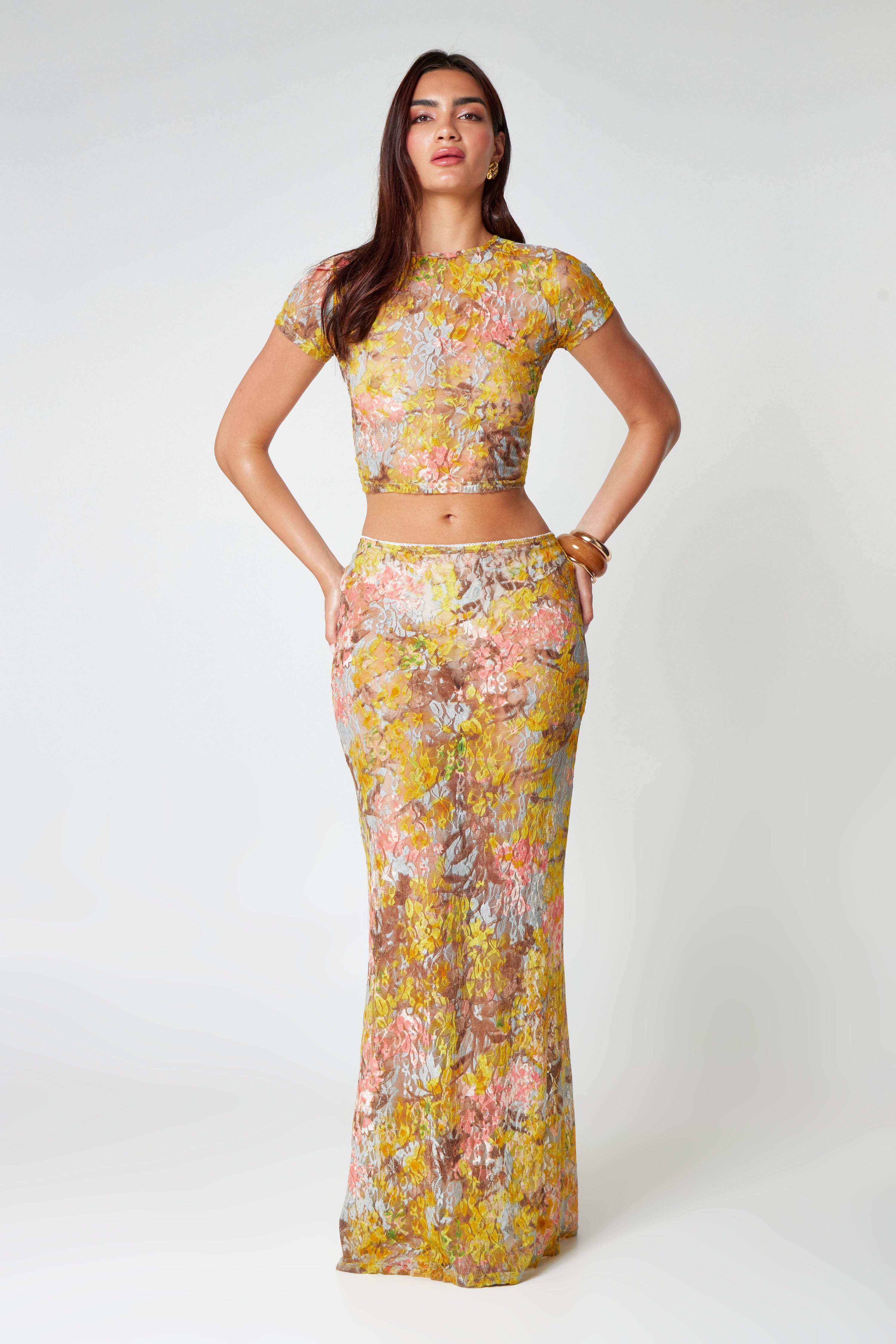Joya | Kanten Set met Bloemenprint - Maxi Rok met Cropped Top