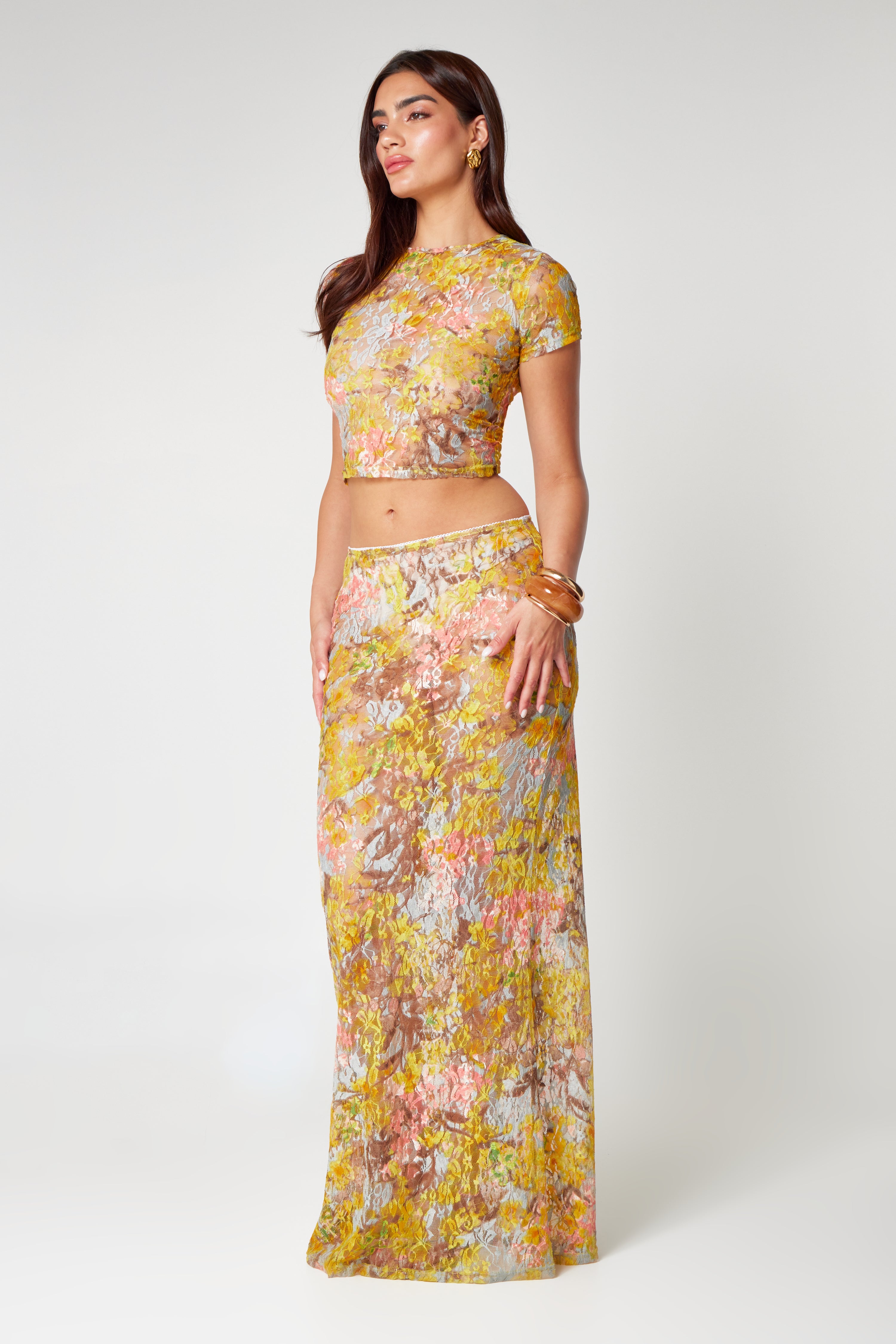 Joya | Kanten Set met Bloemenprint - Maxi Rok met Cropped Top