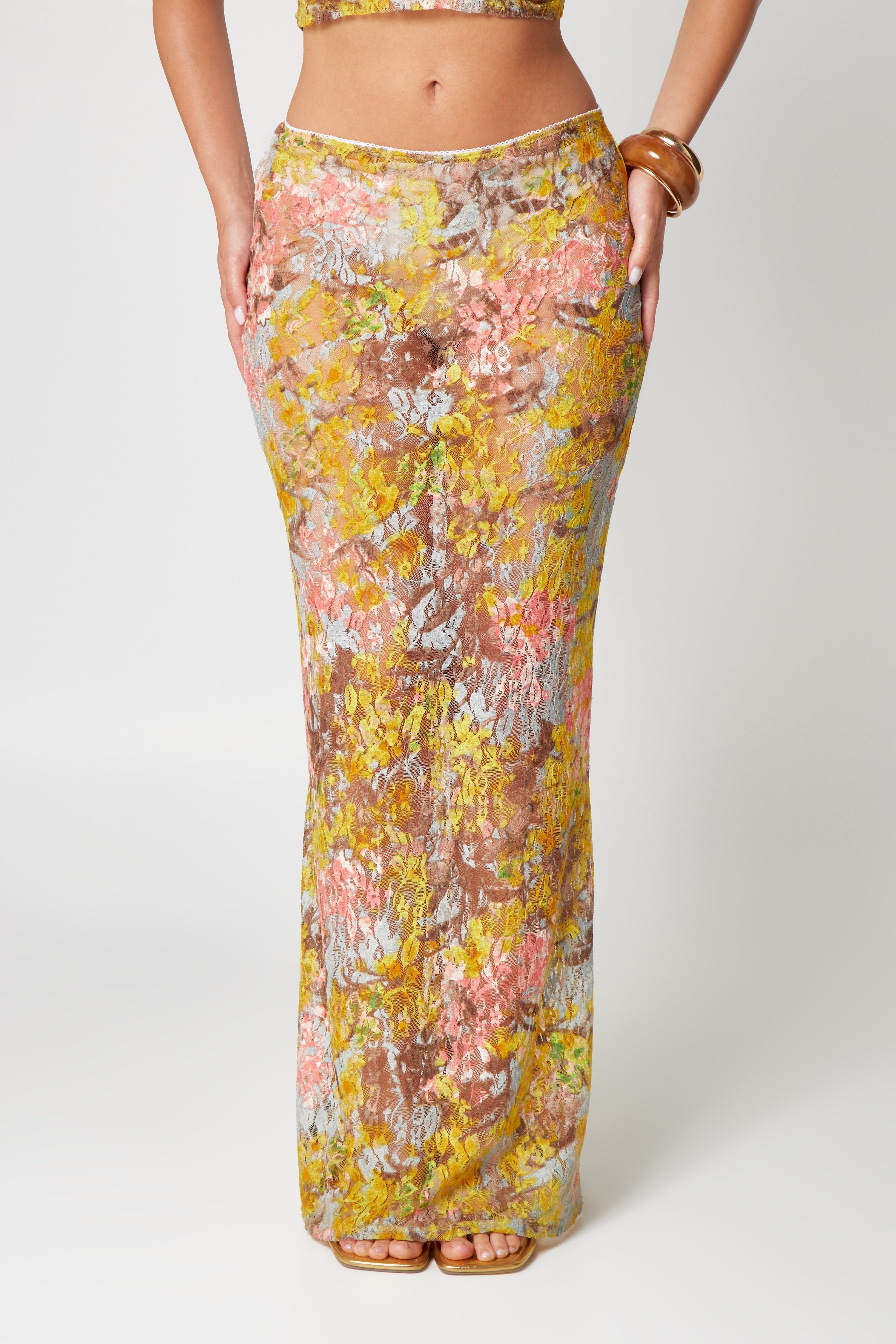 Joya | Kanten Set met Bloemenprint - Maxi Rok met Cropped Top