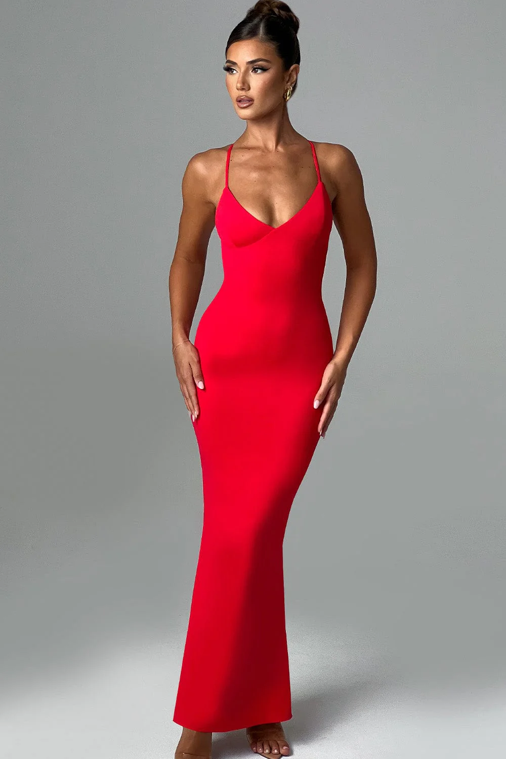 Lovi | Dames Stretch Bodycon Maxi Jurk - Elegant met Open Rug Design