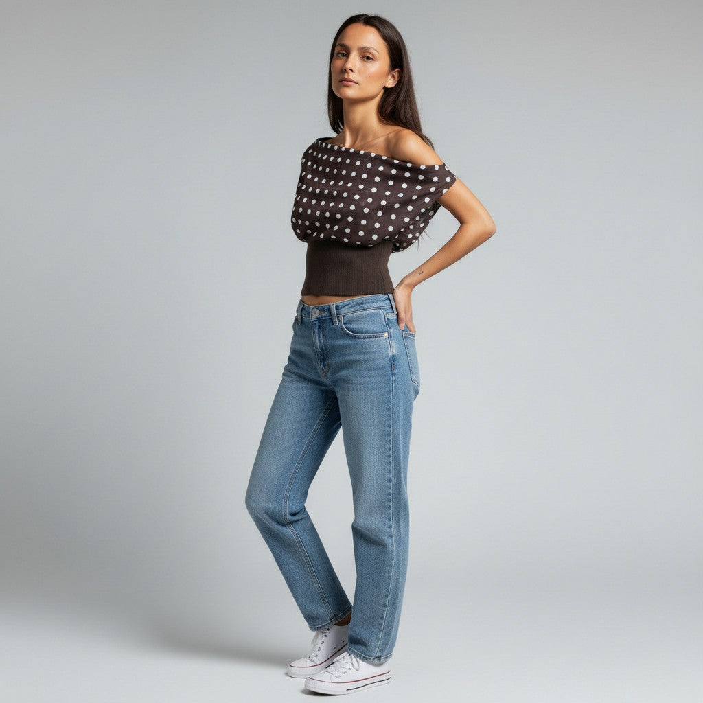 Zoey | Off-Shoulder Top met Polkadot Print