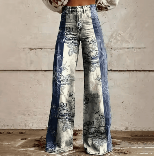 Nanine | Boho Vintage Wide Leg Broek met Bloemenprint