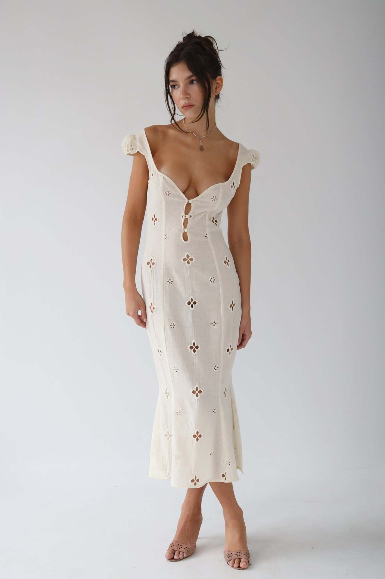 Geborduurde Midi-jurk met Uitlopende Zoom - Vintage Fishtail Jurk