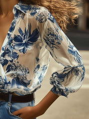 Transparante Knopenblouse met Blauwe Bloemenprint