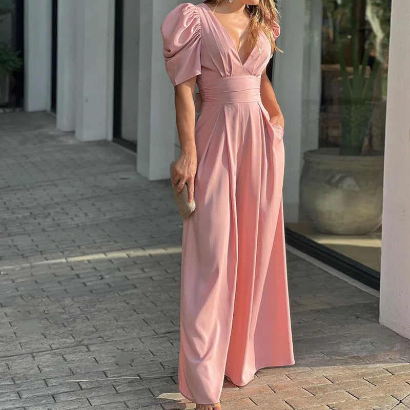 Dames Jumpsuit met Pofmouwen en Tailleband – Elegante Zomerstijl