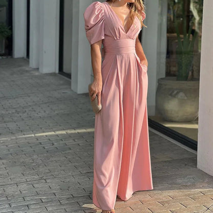 Dames Jumpsuit met Pofmouwen en Tailleband – Elegante Zomerstijl