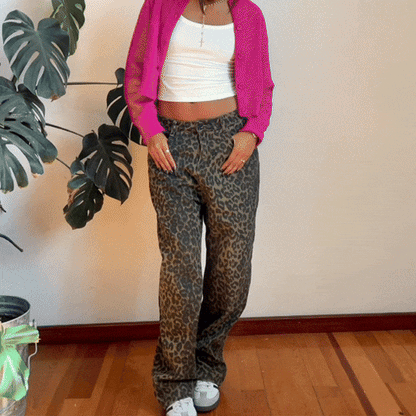 Melyna | Luipaard Print Jeans Dames – Hoge Taille & Wijde Pijpen