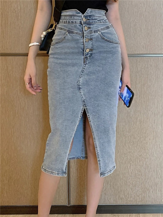Joana | Lange Spijkerrok Dames – Hoge Taille Denim Rok