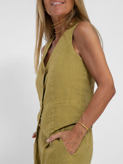 Juana | Elegante Mouwloze Linnen Set met V-Hals Gilet en Wijde Broek