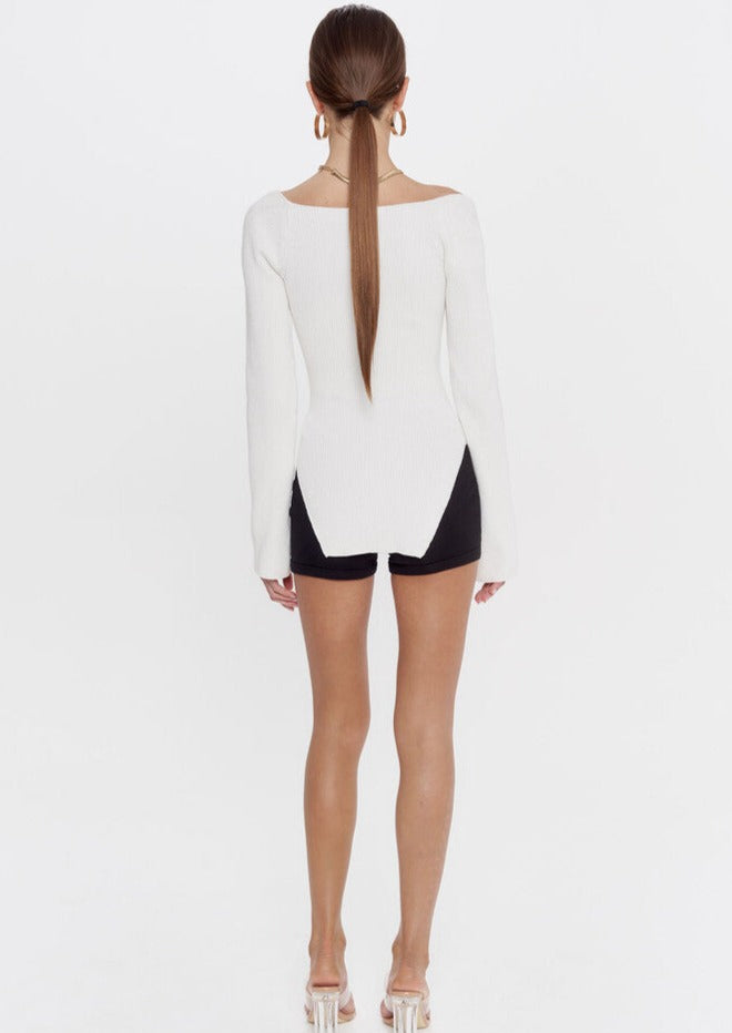 Joy-Ann | Beige Gebreide Body Top met Vierkante Hals