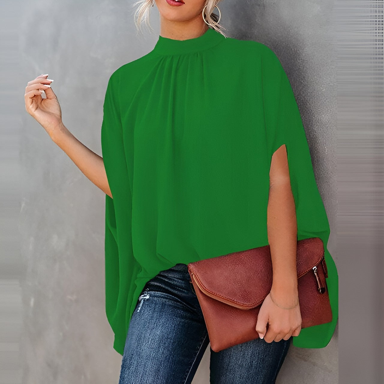 Bedrukte of Effen Blouse met Batwing Mouwen en Hoge Hals