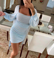 Vendra | Bodycon Mini Jurk met Pofmouwen – Lichtblauw