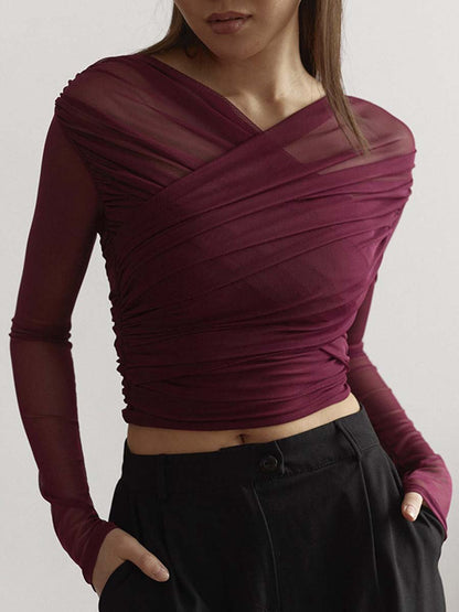 Vintage Look Geplooide Mesh Top met Lange Mouwen