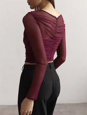 Vintage Look Geplooide Mesh Top met Lange Mouwen