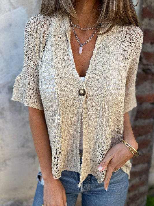 Nena | Gebreide Top met V-hals en Knoop Detail