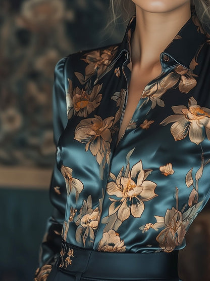 Loréne | Satijnen Blouse met Bloemenprint