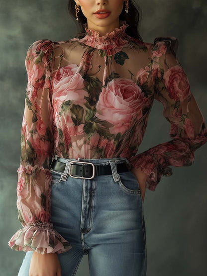 Elegante Doorzichtige Roze Blouse met Ruches