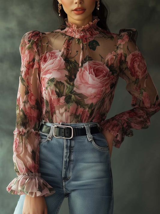 Elegante Doorzichtige Roze Blouse met Ruches