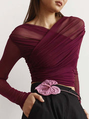 Vintage Look Geplooide Mesh Top met Lange Mouwen