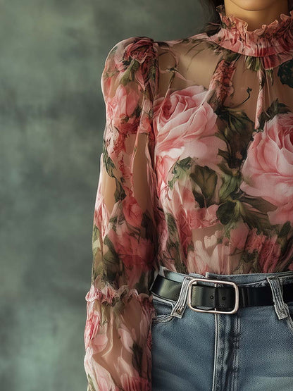 Elegante Doorzichtige Roze Blouse met Ruches