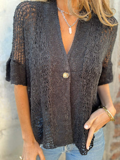 Nena | Gebreide Top met V-hals en Knoop Detail