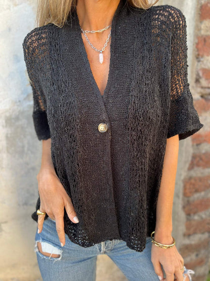 Nena | Gebreide Top met V-hals en Knoop Detail