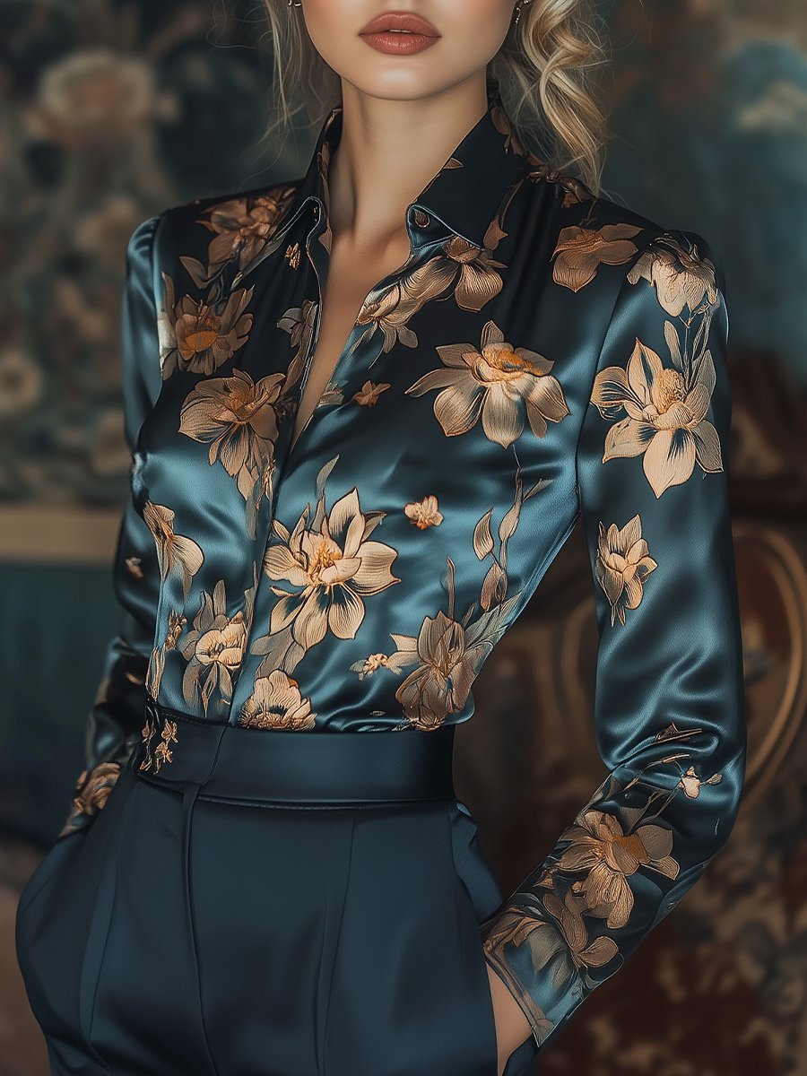 Loréne | Satijnen Blouse met Bloemenprint