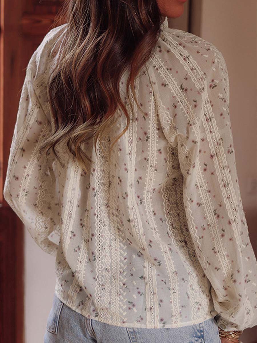 Geborduurde Kant Chiffon Blouse met Bloemen