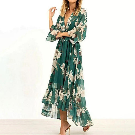 Loana | Elegante Groene Maxi Jurk met Ruches