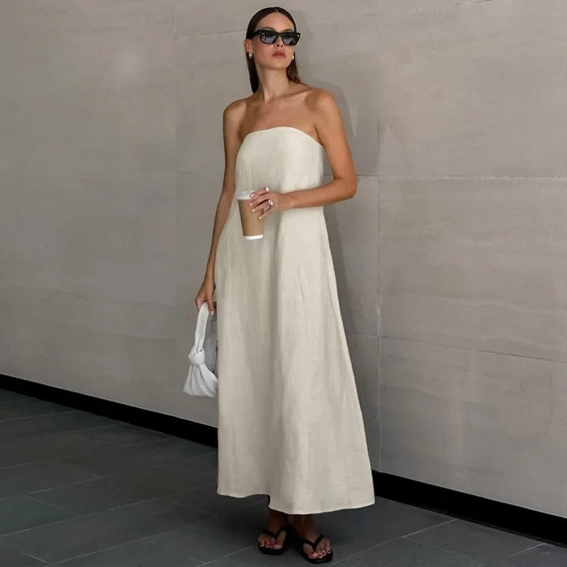 Hind | Maxi Strapless Linnen Jurk - Minimalistische Elegantie