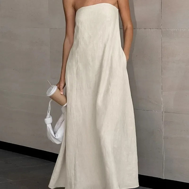 Hind | Maxi Strapless Linnen Jurk - Minimalistische Elegantie