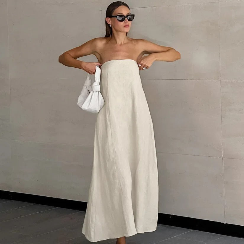 Hind | Maxi Strapless Linnen Jurk - Minimalistische Elegantie