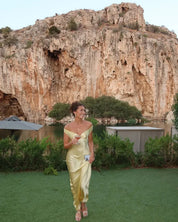 Rowena | Off Shoulder Gele Maxi Jurk – Elegant & Luchtig