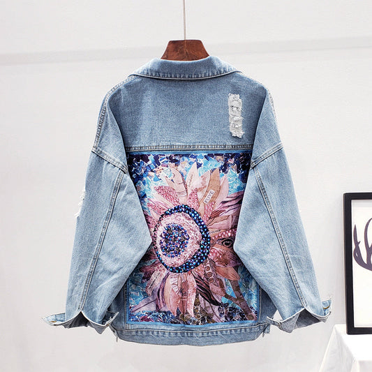 Spijkerjack met Artistieke Zonnebloemprint