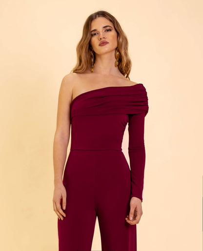 Dionah | Elegante One-Shoulder Bordeaux Jumpsuit