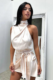 Ellisa | Satijnen Stof Mini Jurk voor Dames - Halter Strik en Mouwloos