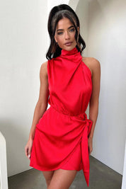 Ellisa | Satijnen Stof Mini Jurk voor Dames - Halter Strik en Mouwloos