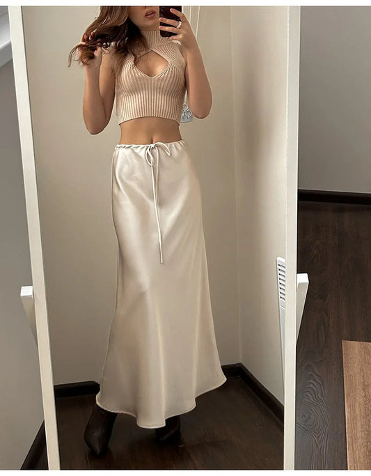 Cherisse | Dames Maxi Rok Satijn Verstelbare Taille Elegante Flow