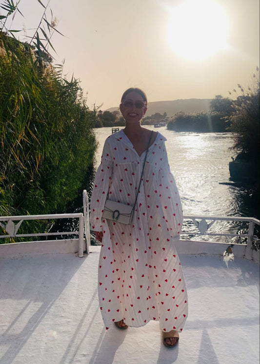 Ilona | Wijde Maxi Zomerjurk met Hartjes Print
