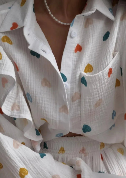Jenika | Loungewear Set van Katoen met Hartjes Print - Zomers & Stijlvol