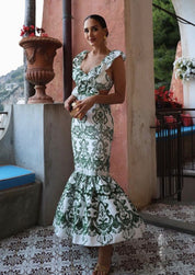 Amalia | Lange Katoenen Zomerjurk met Open Rug – Wit-Groen