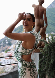 Amalia | Lange Katoenen Zomerjurk met Open Rug – Wit-Groen