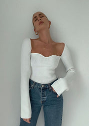 Joy-Ann | Beige Gebreide Body Top met Vierkante Hals