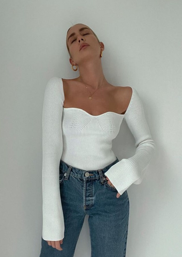 Joy-Ann | Beige Gebreide Body Top met Vierkante Hals