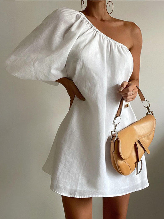Kaia | Katoen Linnen One Sleeve Korte Jurk